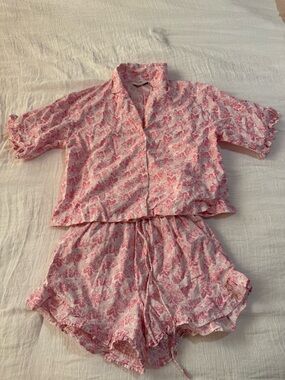 Topshop Pink Floral Short Sleeve Button Pajama Set